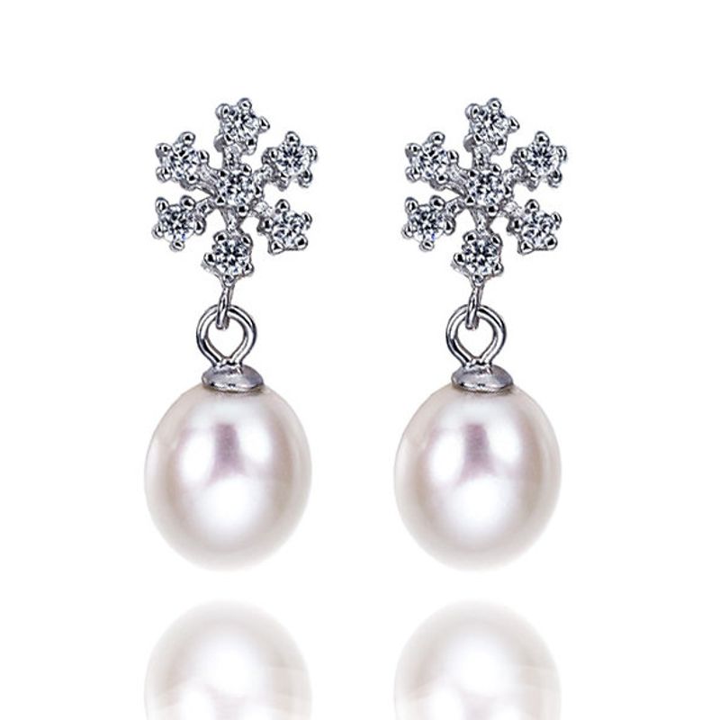 Sterling Silver CZ Snowflake and White Freshwater Pearl Earrings - Click Image to Close